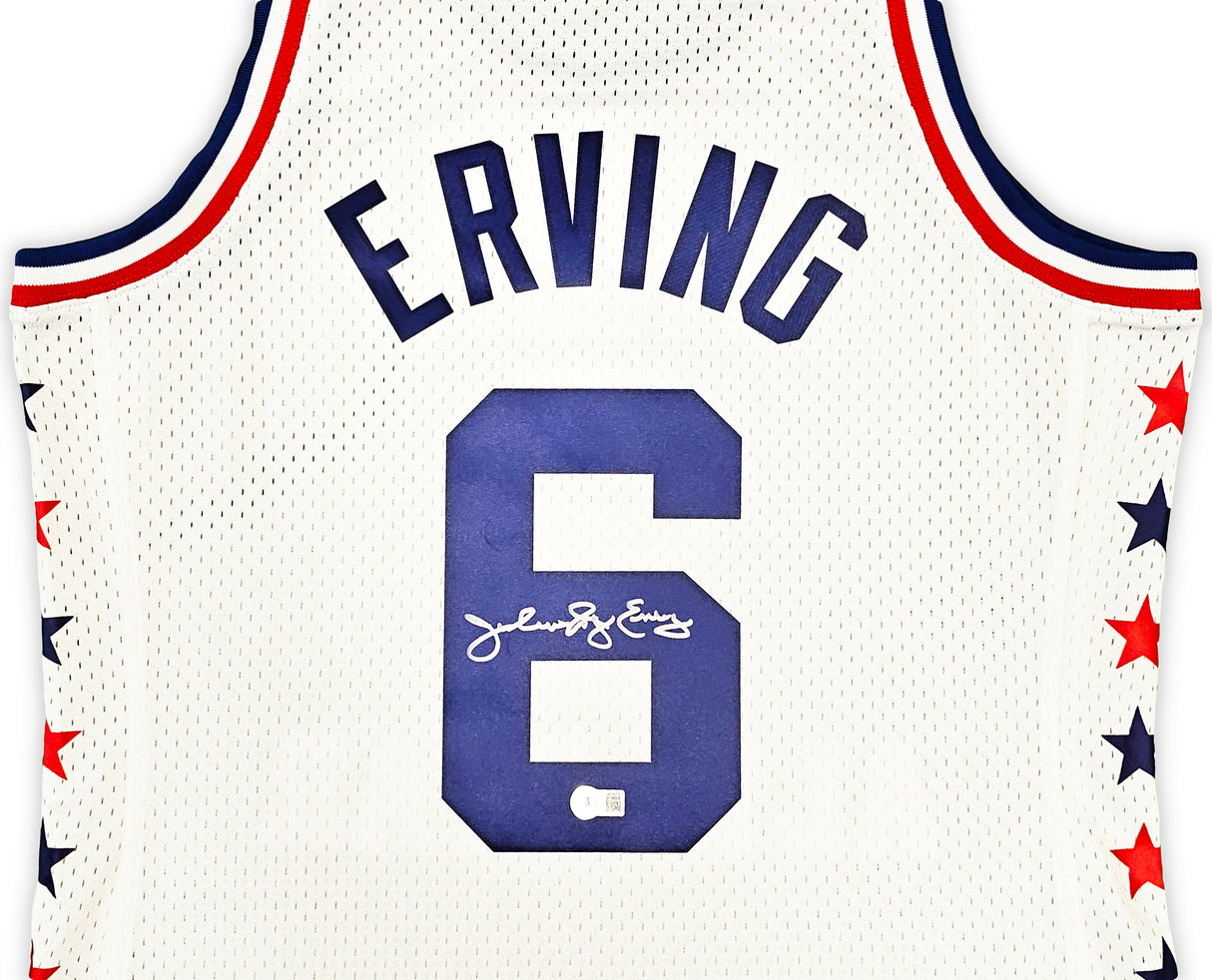 Philadelphia 76ers Julius "Dr. J" Erving Autographed White Authentic Mitchell & Ness 2-10-1985 HWC Swingman All Star Jersey Size L Beckett BAS Witness Stock #220409