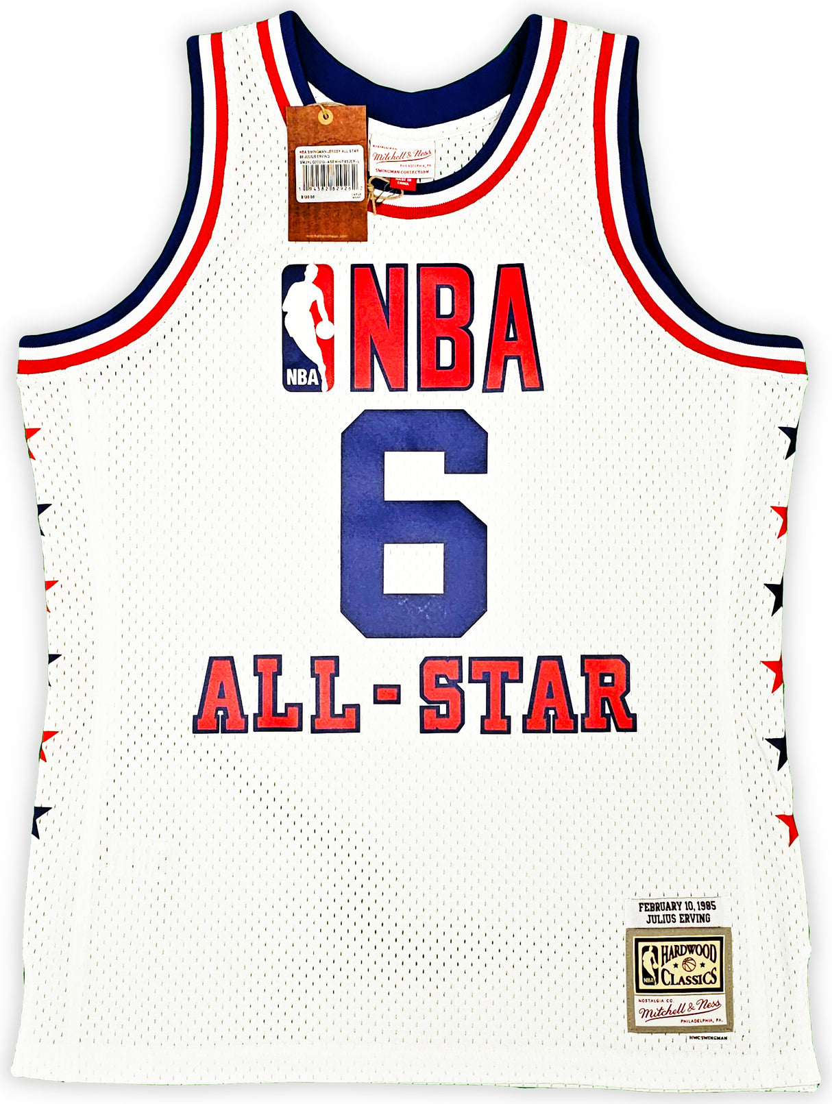 Philadelphia 76ers Julius "Dr. J" Erving Autographed White Authentic Mitchell & Ness 2-10-1985 HWC Swingman All Star Jersey Size L Beckett BAS Witness Stock #220409