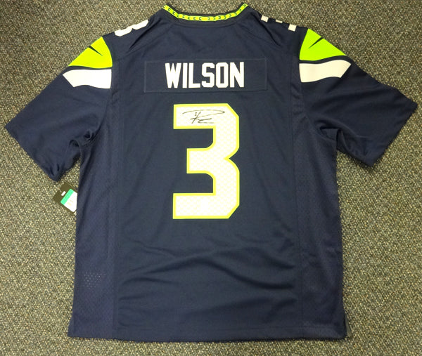 Seattle Seahawks Russell Wilson Autographed Blue Nike Twill Jersey Size XL RW Holo Stock #71431