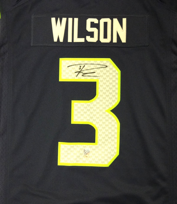 Seattle Seahawks Russell Wilson Autographed Blue Nike Twill Jersey Size XL RW Holo Stock #71431