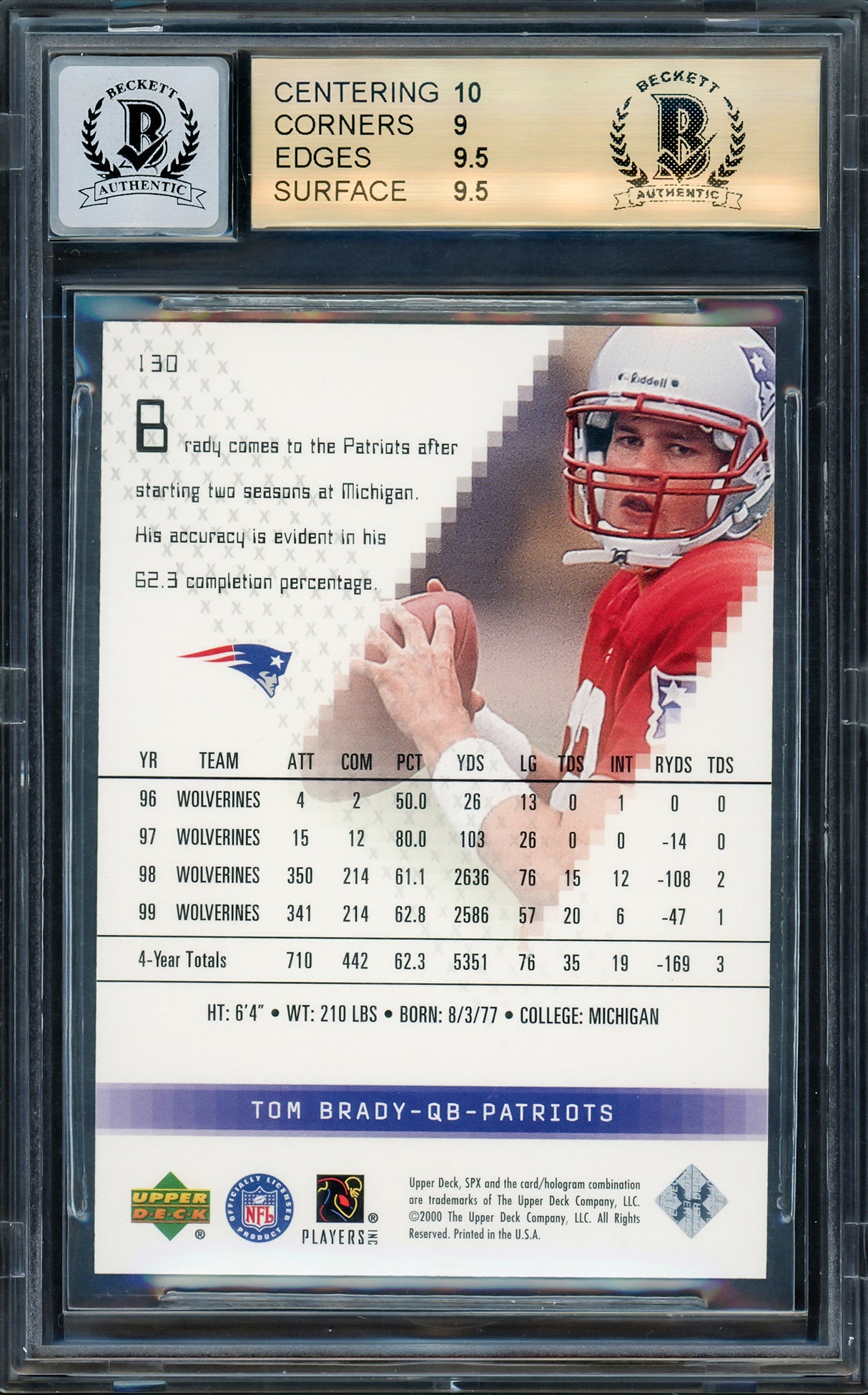 Tom Brady Autographed 2000 Upper Deck SPX Rookie Card #130 New England Patriots BGS 9.5 Auto Grade Gem Mint 10 #162/1350 Beckett BAS Witness #12973212