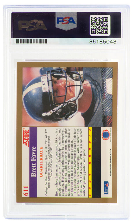 Brett Favre Signed 1991 Score Rookie Football Card #611 -(PSA Encapsulated / Auto Grade 9)