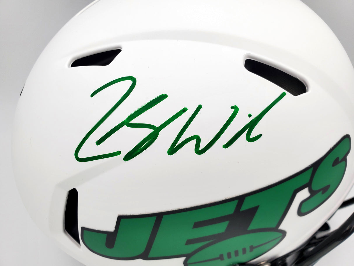 Zach Wilson Autographed New York Jets Lunar Eclipse White Full Size Authentic Speed Helmet Beckett BAS QR Stock #194729