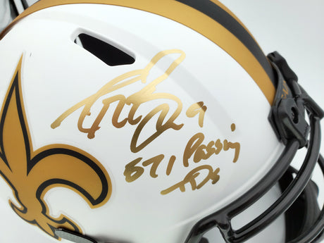 Drew Brees Autographed New Orleans Saints Lunar Eclipse White Full Size Replica Speed Helmet "571 Passing TD's" Beckett BAS Stock #193497