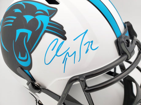 Christian McCaffrey Autographed Carolina Panthers Lunar Eclipse White Full Size Replica Speed Helmet Beckett BAS Stock #192524