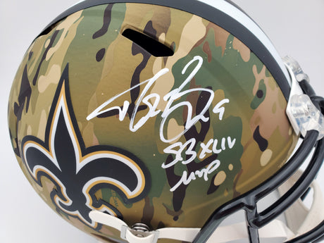 Drew Brees Autographed New Orleans Saints Camo Full Size Replica Speed Helmet "SB XLIV MVP" Beckett BAS Stock #191124