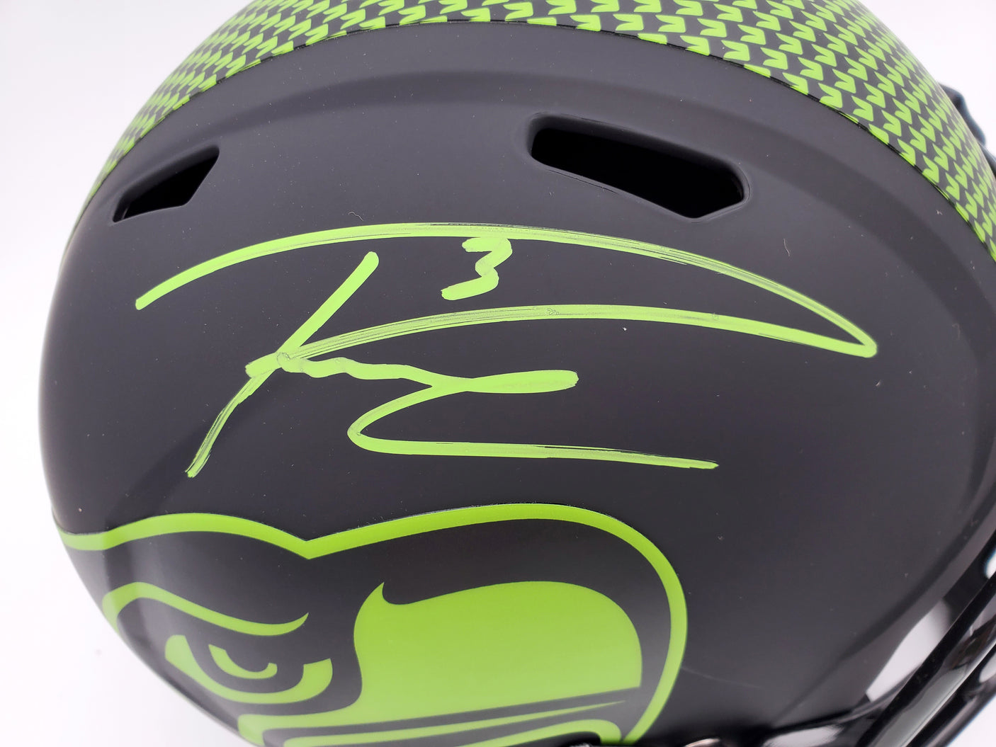 Russell Wilson Autographed Seattle Seahawks Eclipse Black Full Size Speed Replica Helmet In Green RW Holo Stock #178955