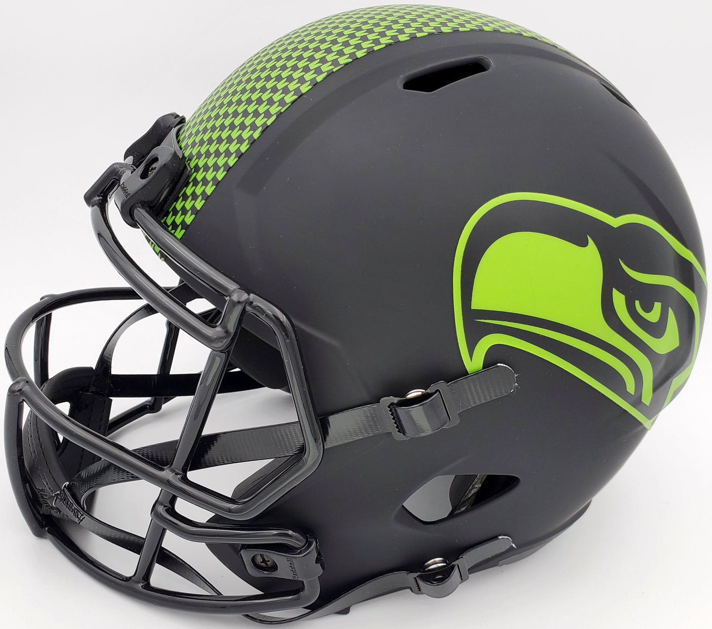 Russell Wilson Autographed Seattle Seahawks Eclipse Black Full Size Speed Replica Helmet In Green RW Holo Stock #178955