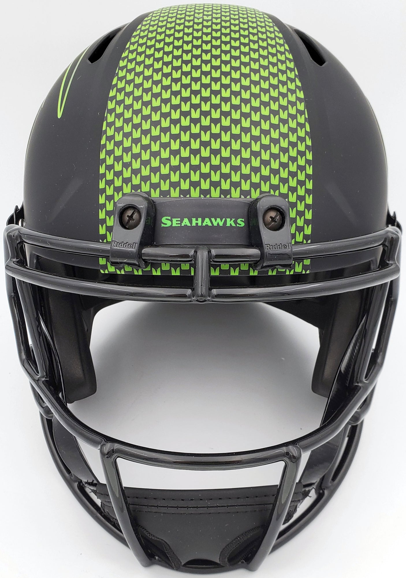 Russell Wilson Autographed Seattle Seahawks Eclipse Black Full Size Speed Replica Helmet In Green RW Holo Stock #178955