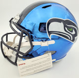 Russell Wilson Autographed Seattle Seahawks Blue Chrome Speed Full Size Replica Helmet In Green RW Holo Stock #145779