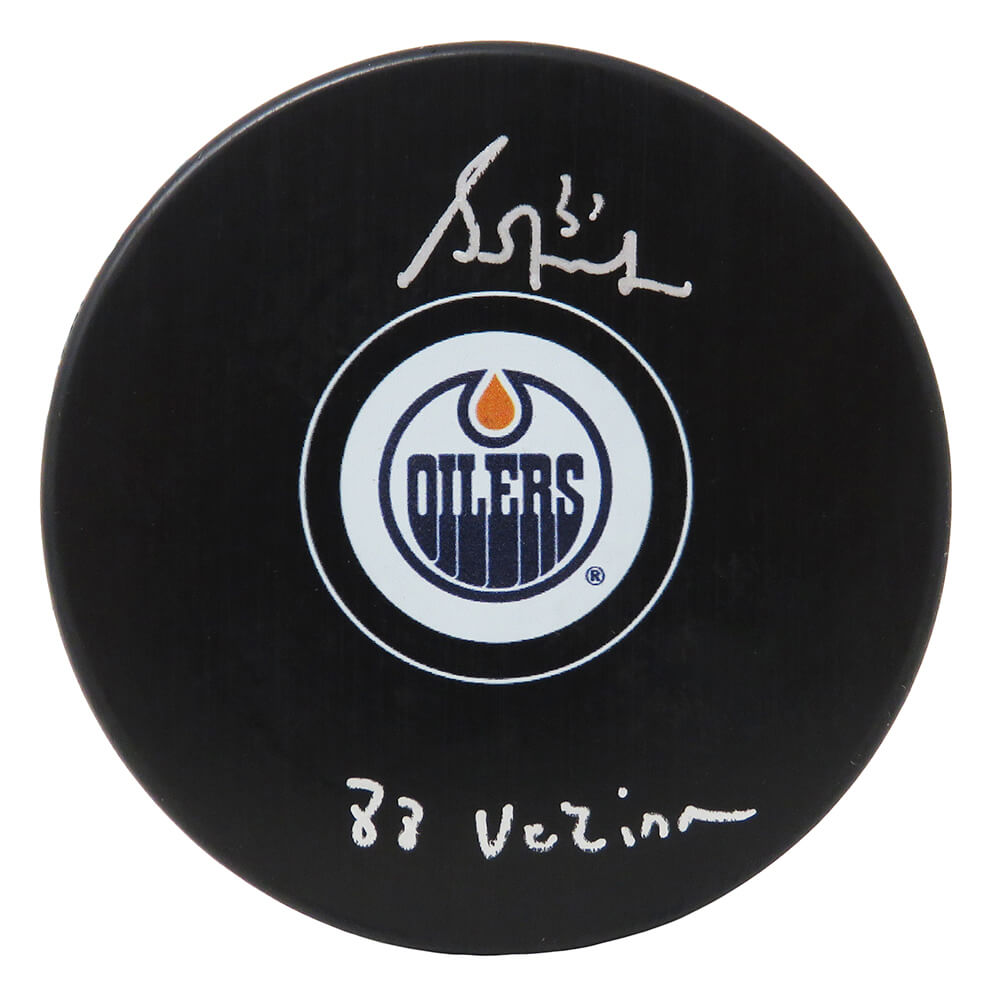 Grant Fuhr Signed Edmonton Oilers Logo Hockey Puck w/88 Vezina