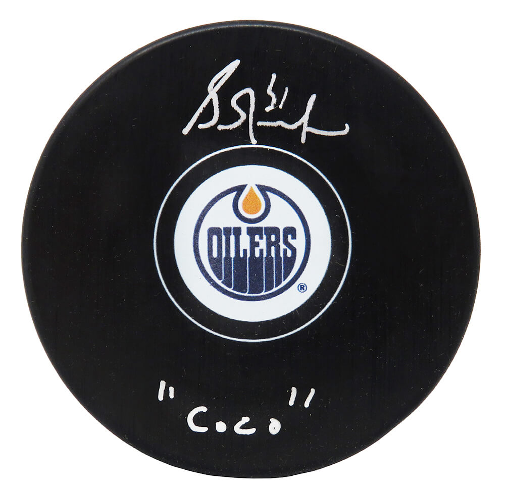 Grant Fuhr Signed Edmonton Oilers Logo Hockey Puck w/Coco