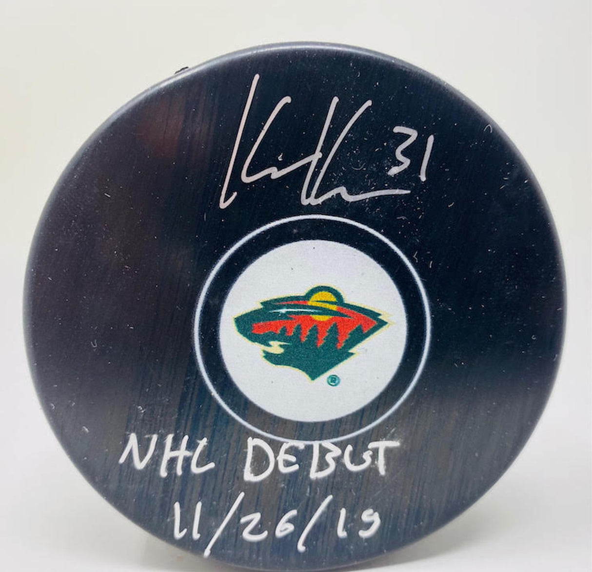 KAAPO KAHKONEN Autographed/Inscribed "NHL Debut 11-26-19" Minnesota Wild Hockey Puck FANATICS