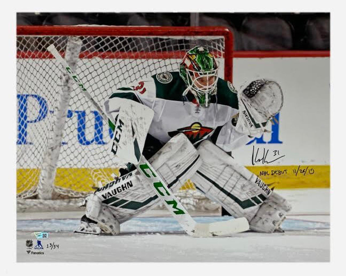 KAAPO KAHKONEN Autographed/Inscribed "NHL Debut 11-26-19" Minnesota Wild 16" x 20" Photograph FANATICS LE 34