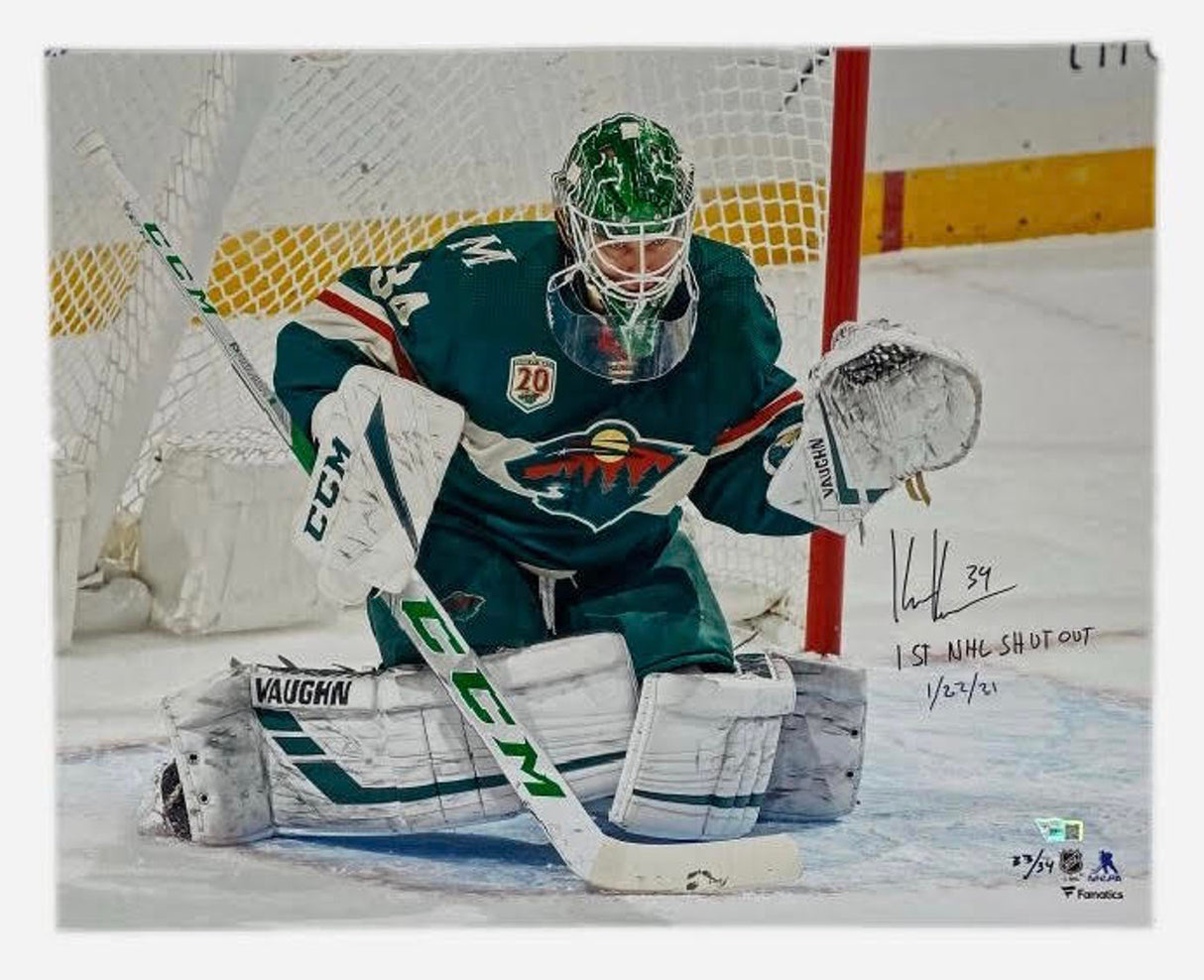 KAAPO KAHKONEN Autographed/Inscribed "1st NHL SO "1-22-21" Minnesota Wild 16" x 20" Photograph FANATICS LE 34