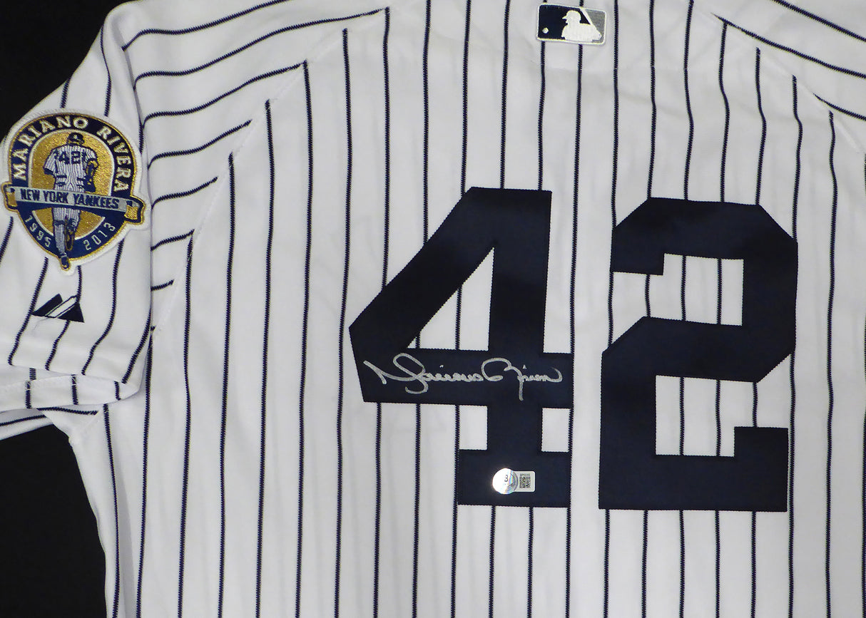 New York Yankees Mariano Rivera Autographed White Majestic Game Model w/ Rivera Patch Jersey Beckett BAS QR #BP55355