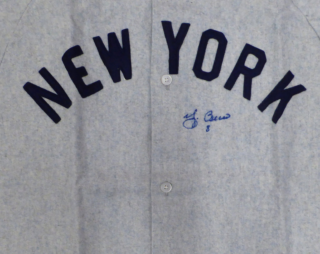 New York Yankees Yogi Berra Autographed Gray Jersey Beckett BAS QR #BN14537