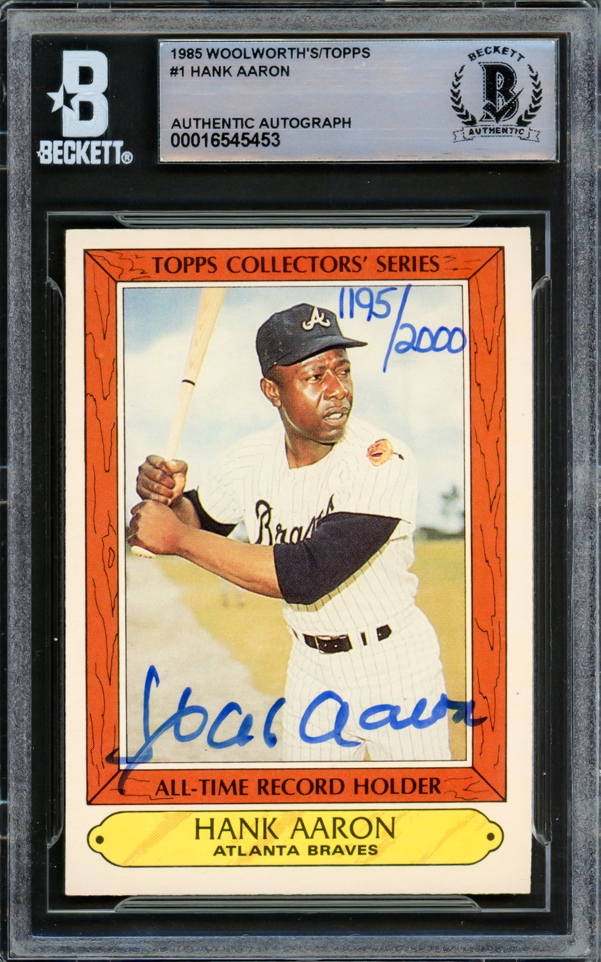 Hank Aaron Autographed 1985 Topps Woolworth's Card #1 Atlanta Braves Beckett BAS #16545453