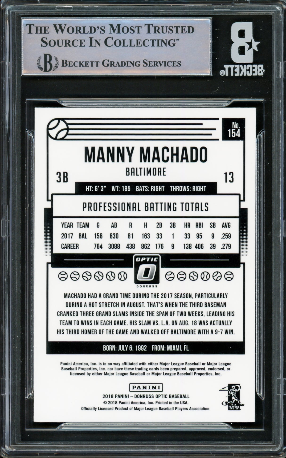 Manny Machado Autographed 2018 Donruss Optic Card #154 Baltimore Orioles Beckett BAS #16545595