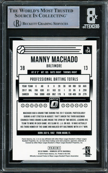 Manny Machado Autographed 2018 Donruss Optic Card #154 Baltimore Orioles Beckett BAS #16545601