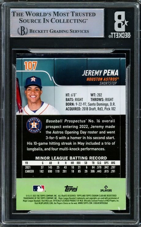 Jeremy Pena Autographed 2022 Stadium Club Rookie Card #107 Houston Astros Beckett BAS #16545677