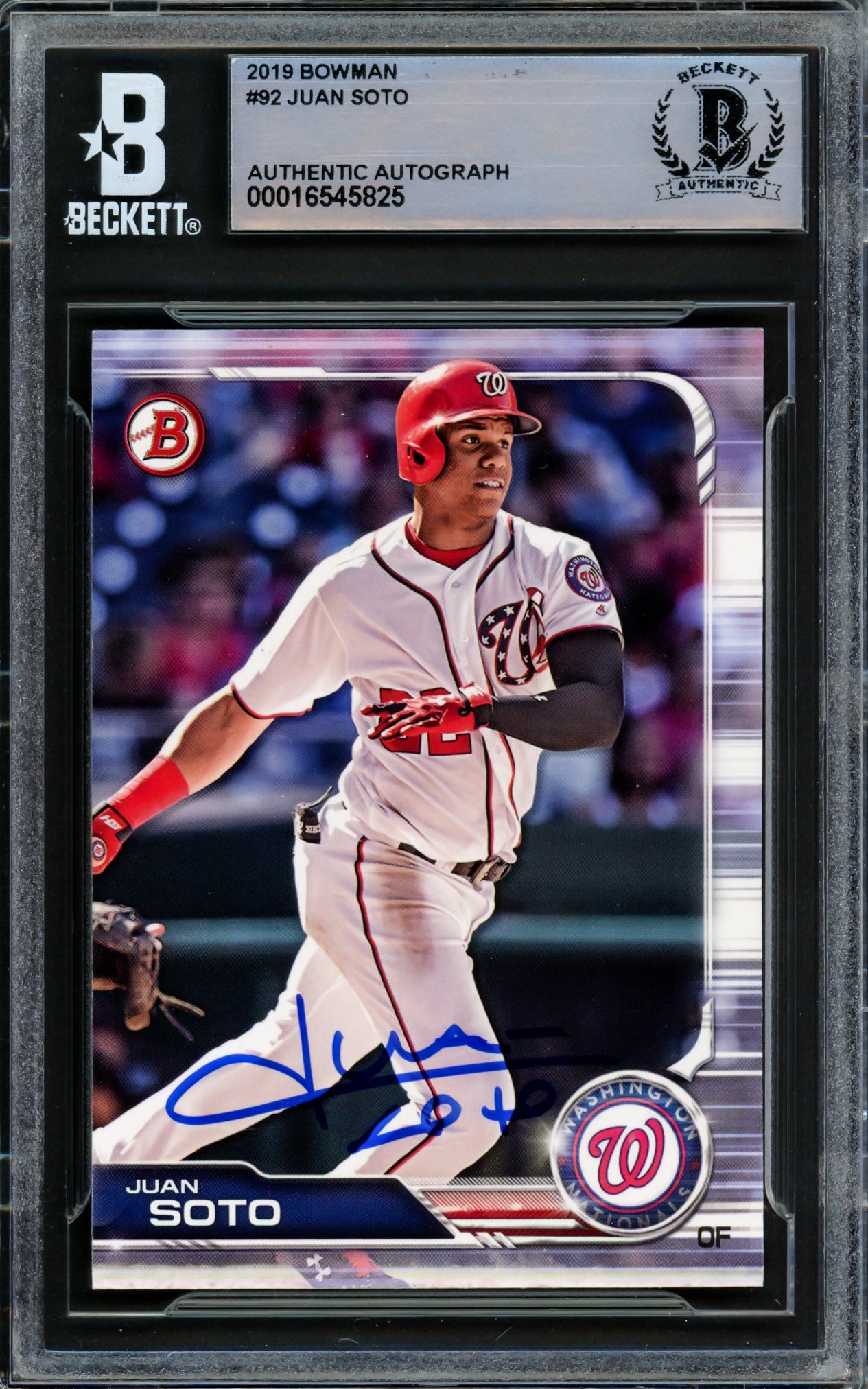 Juan Soto Autographed 2019 Bowman Card #92 Washington Nationals Beckett BAS #16545825