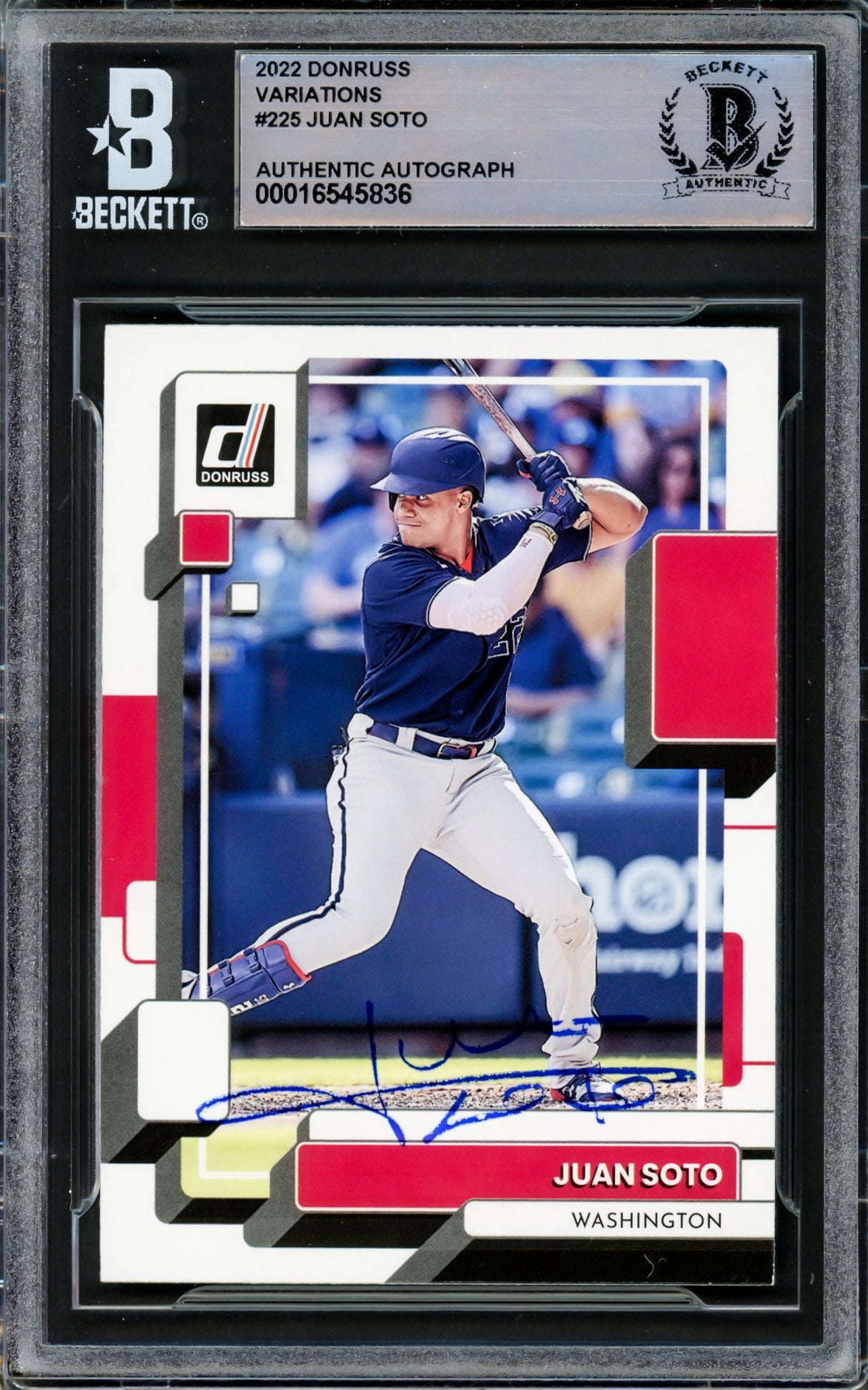 Juan Soto Autographed 2022 Donruss Variation Card #225 Washington Nationals Blue (Smudged) Beckett BAS #16545836