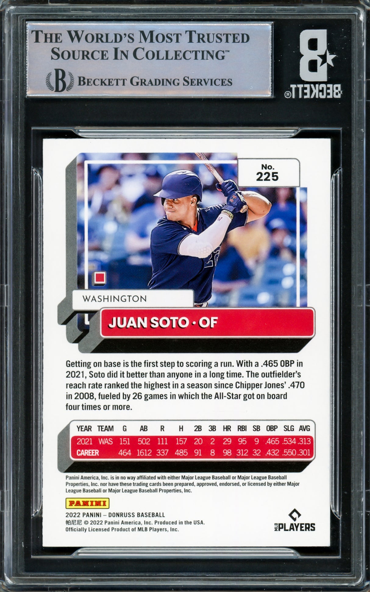 Juan Soto Autographed 2022 Donruss Variation Card #225 Washington Nationals Blue (Smudged) Beckett BAS #16545836