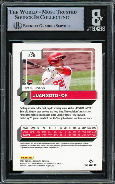 Juan Soto Autographed 2022 Donruss Card #225 Washington Nationals White Beckett BAS #16545835