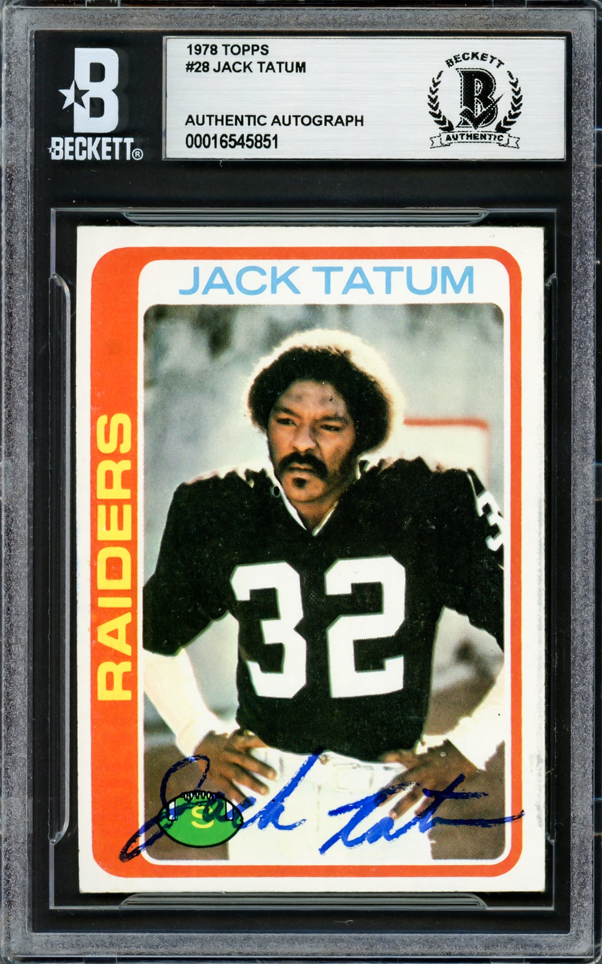 Jack Tatum Autographed 1978 Topps Card #28 Oakland Raiders Beckett BAS #16545851