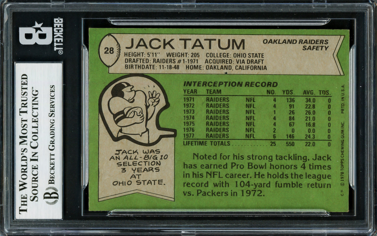 Jack Tatum Autographed 1978 Topps Card #28 Oakland Raiders Beckett BAS #16545851