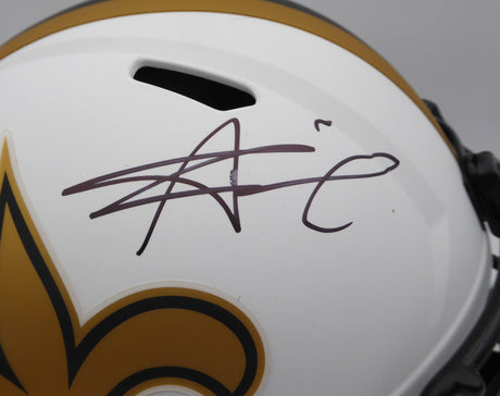 Alvin Kamara Autographed Lunar Eclipse White Full Size Replica Helmet New Orleans Saints (Smudged) Beckett BAS QR #1W403055