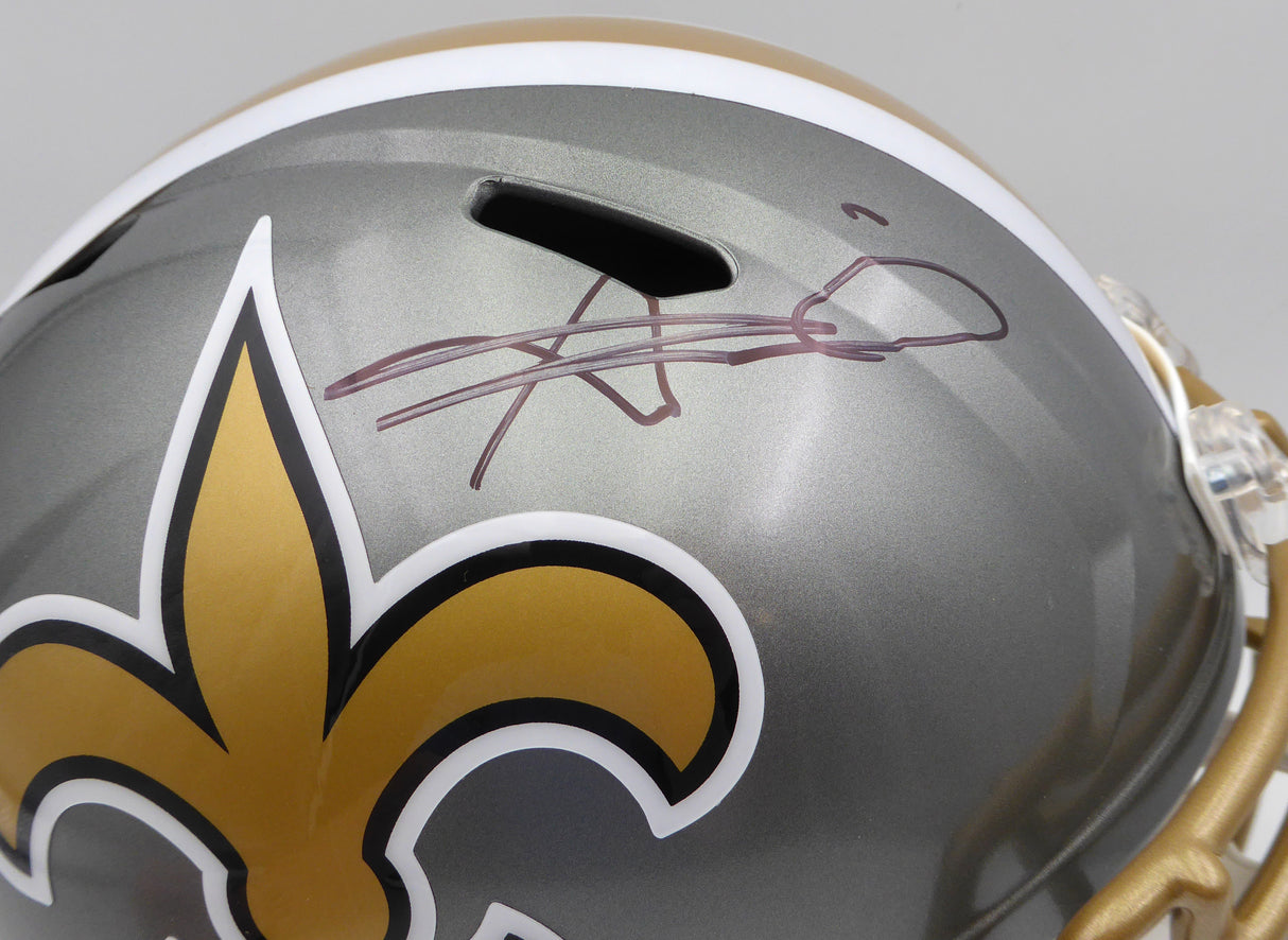 Alvin Kamara Autographed Flash Gold Full Size Replica Helmet New Orleans Saints (Smudged) Beckett BAS QR #1W403114