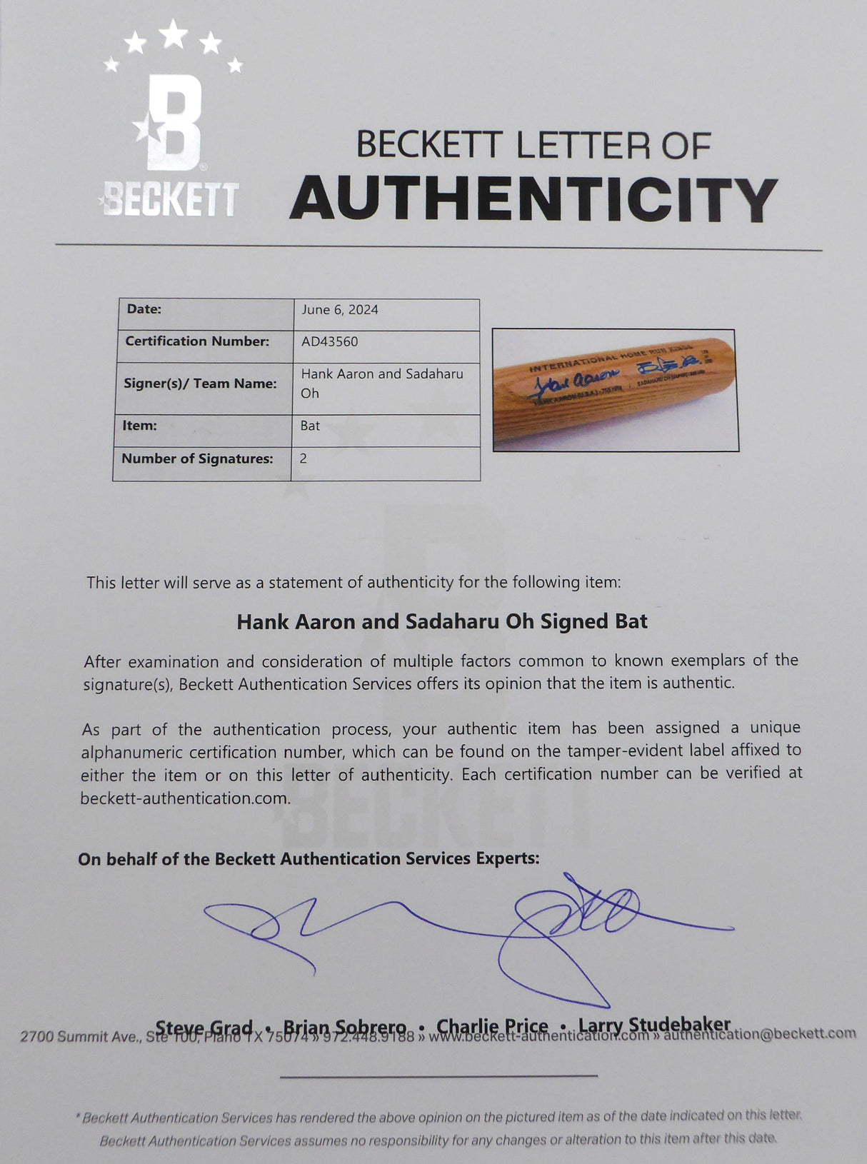 Hank Aaron & Sadaharu Oh Autographed Rawlings International HR Kings Bat Beckett BAS QR #AD43560