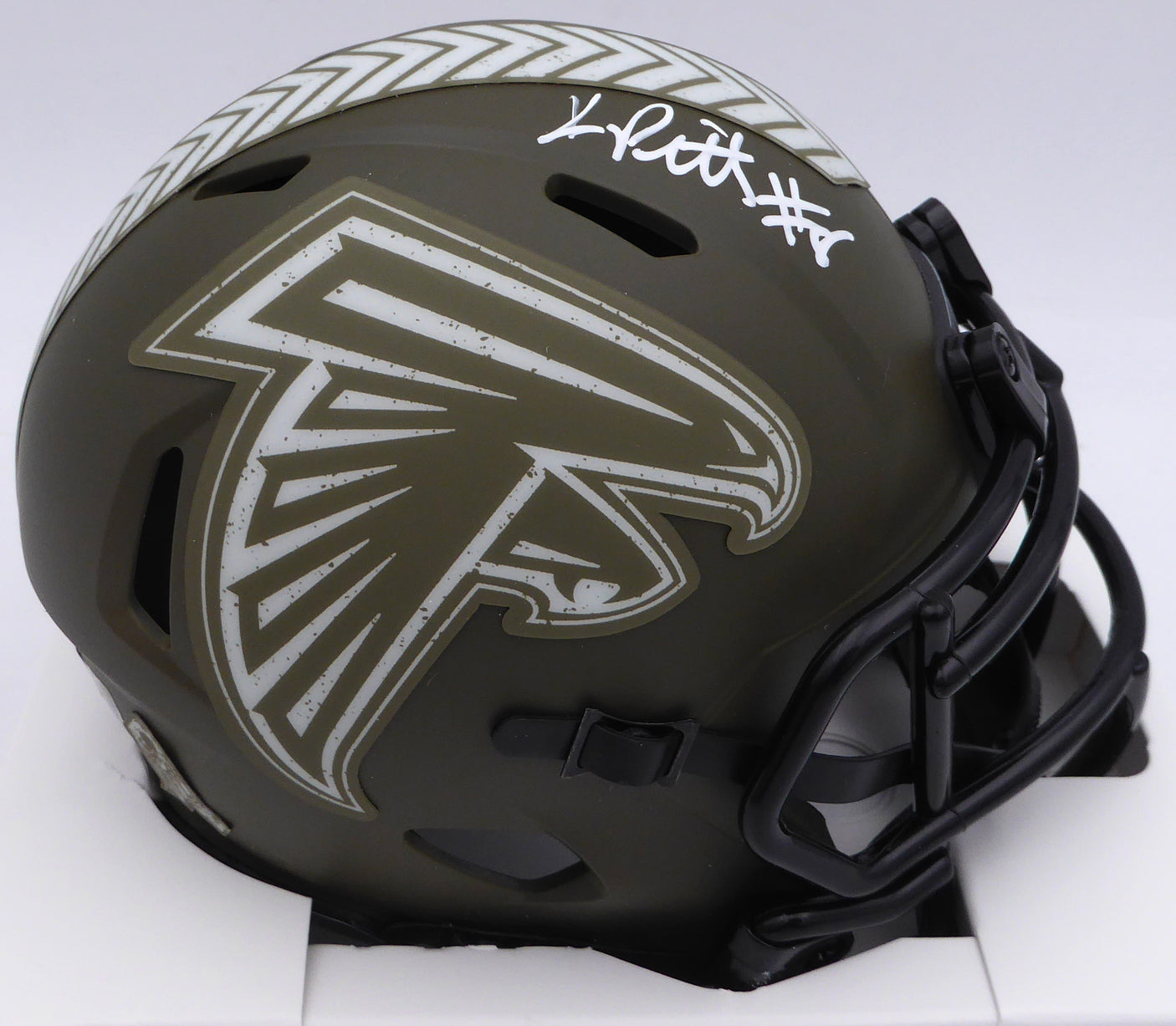 Kyle Pitts Autographed Atlanta Falcons Army Green Salute to Service Speed Mini Helmet Beckett BAS QR #1W528548