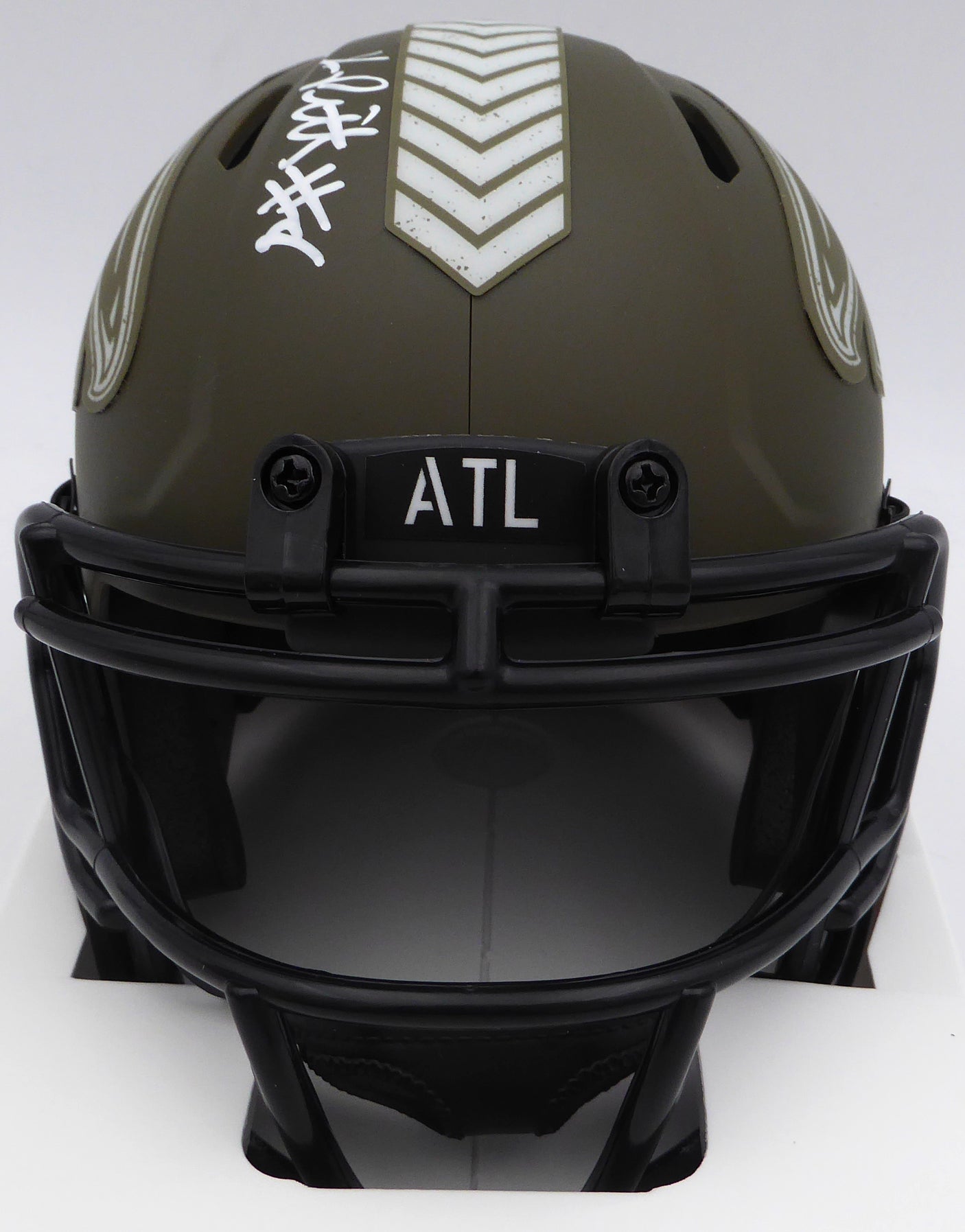 Kyle Pitts Autographed Atlanta Falcons Army Green Salute to Service Speed Mini Helmet Beckett BAS QR #1W528548