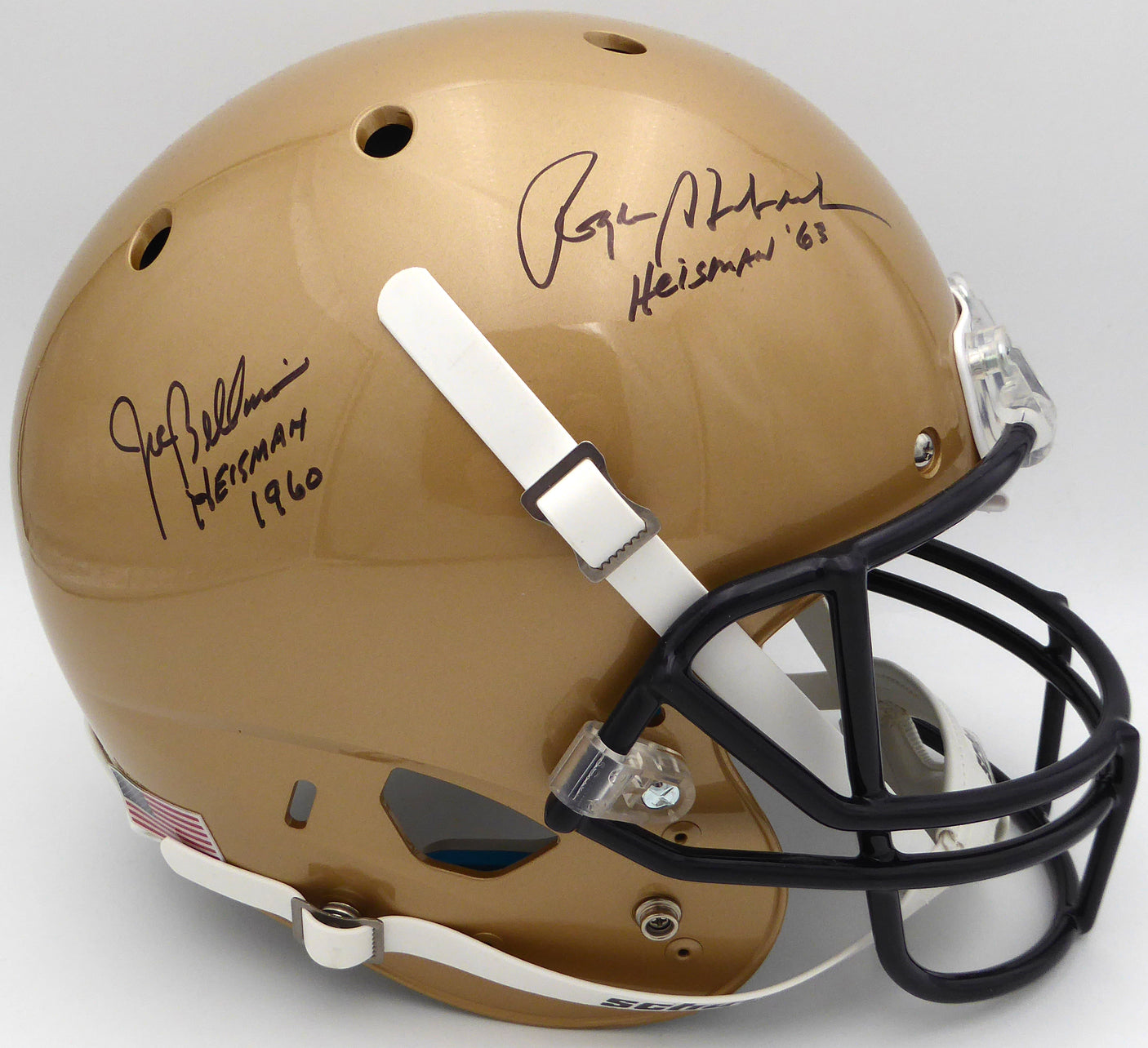 Roger Staubach "Heisman 63" & Joe Bellino "Heisman 1960" Autographed Gold Schutt Full Size Replica Helmet Navy Midshipmen JSA #WP92799