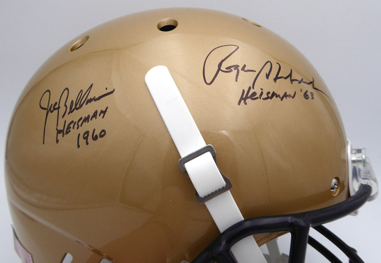 Roger Staubach "Heisman 63" & Joe Bellino "Heisman 1960" Autographed Gold Schutt Full Size Replica Helmet Navy Midshipmen JSA #WP92799