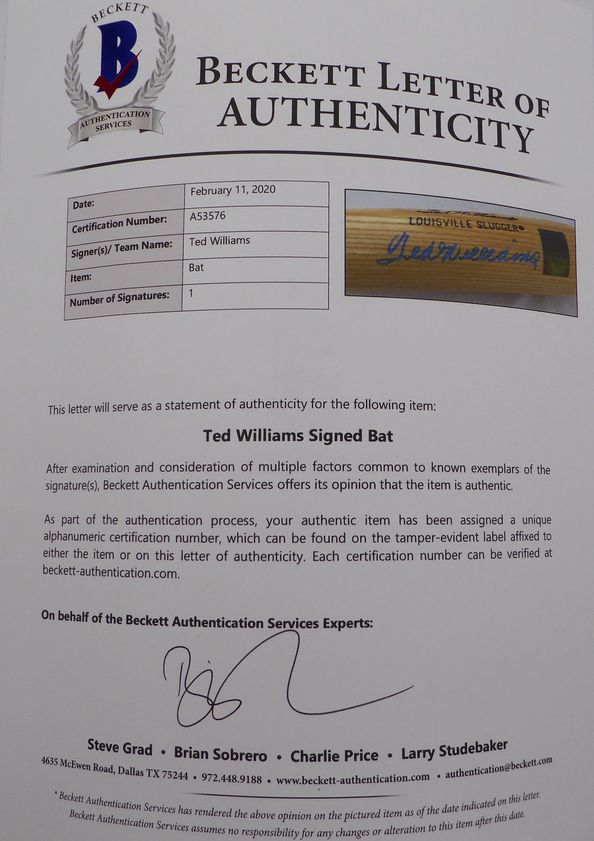 Ted Williams Autographed Louisville Slugger Bat Boston Red Sox Beckett BAS QR #A53576