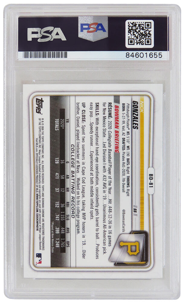 Nick Gonzales Signed Pittsburgh Pirates 2020 Topps Bowman Chrome Baseball Rookie Card #BD-81 (PSA/DNA - Auto Grade 10)