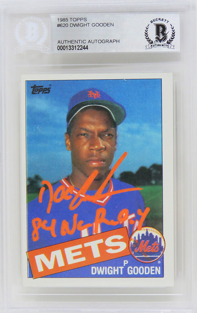 Dwight Gooden Signed New York Mets 1985 Topps Baseball Rookie Card #620 w/84 NL ROY - (Beckett Encapsulated)