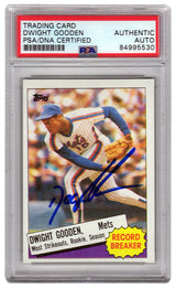 Dwight Gooden Signed Mets 1985 Topps Record Breaker Baseball Trading Card #3 - (PSA Encapsulated)