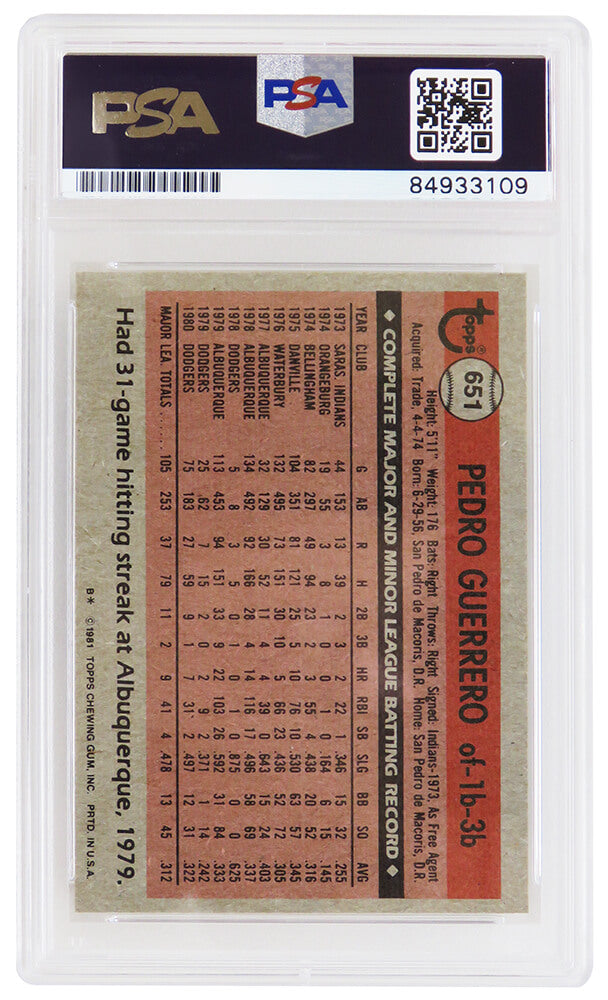 Pedro Guerrero Signed Los Angeles Dodgers 1981 Topps Baseball Card #651 (PSA Encapsulated)