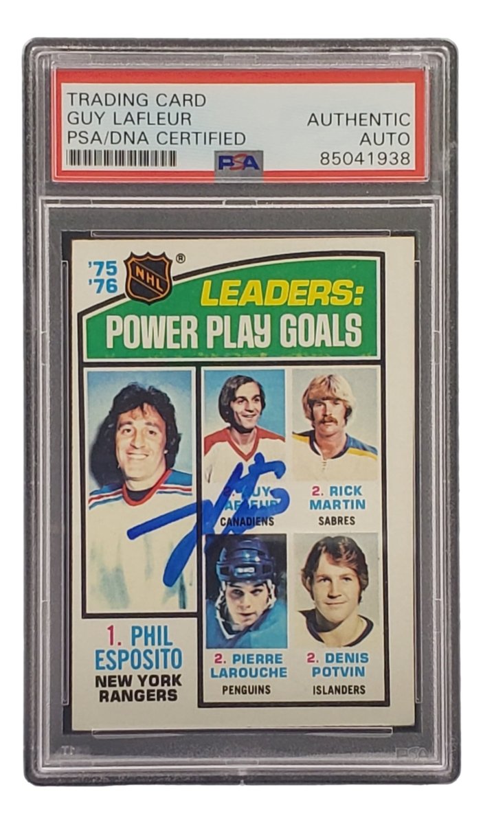 Guy LaFleur Signed 1976 Topps #5 Power Play Goals Leaders Hockey Card PSA/DNA - Sports Integrity