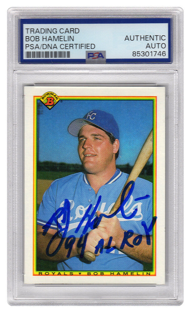 Bob Hamelin Signed Royals 1990 Bowman Rookie Baseball Card #379 w/94 AL ROY - (PSA Encapsulated)