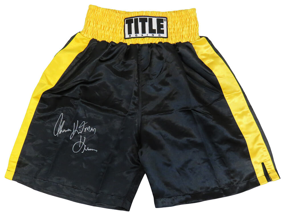 Thomas Hearns Signed Title Black With Yellow Waist Boxing Trunks w/Hitman