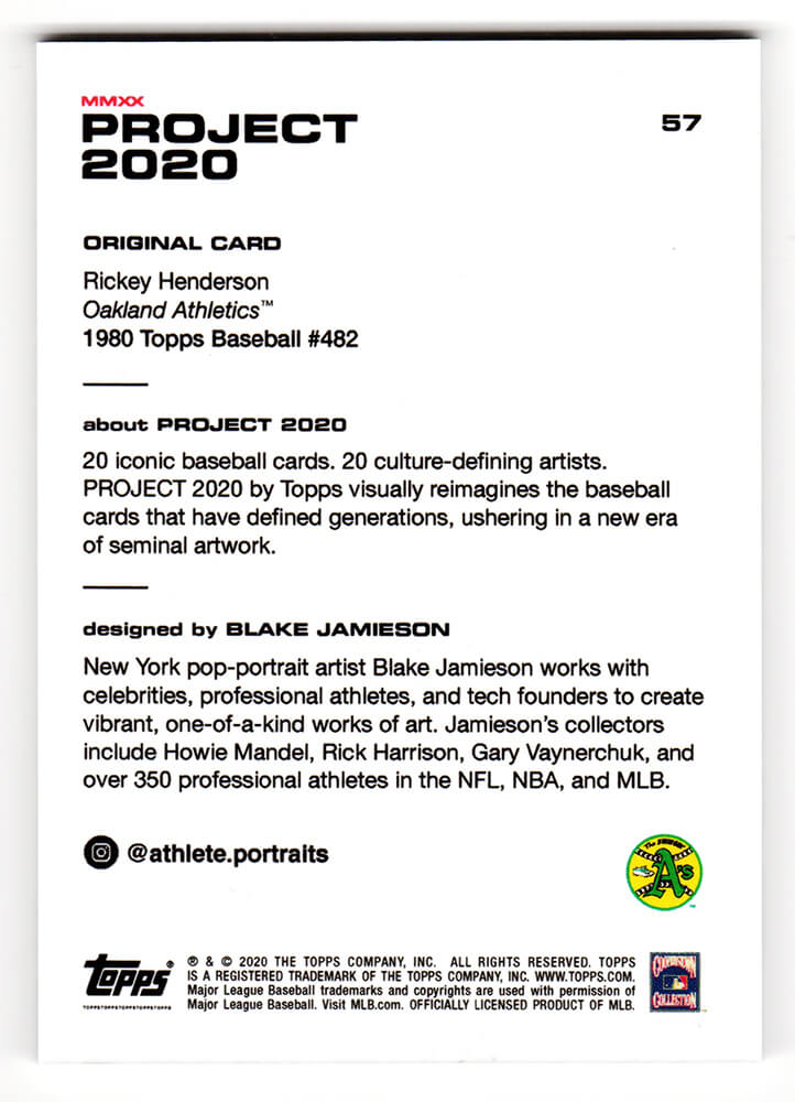Rickey Henderson Signed Topps Project 2020 Card #57 (Blake Jamieson - Artist)