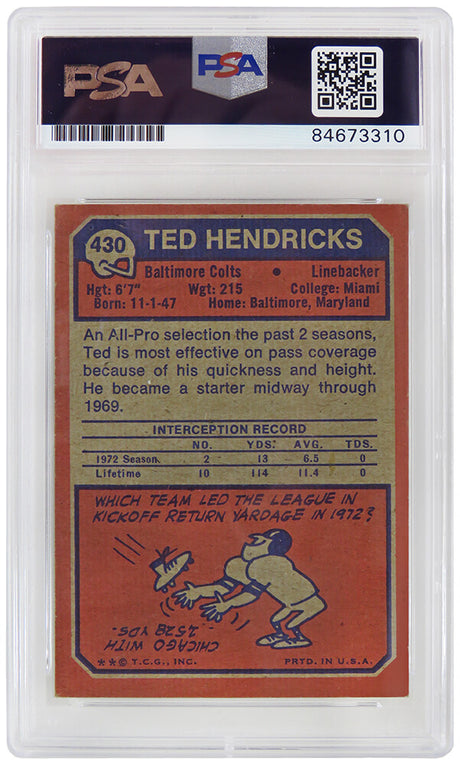 Ted Hendricks Signed Colts 1973 Topps Football Card #430 w/HOF'90 - (PSA/DNA Encapsulated)