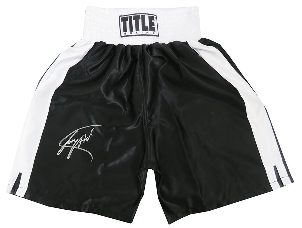 Larry Holmes Signed Title Black With White Trim Boxing Trunks