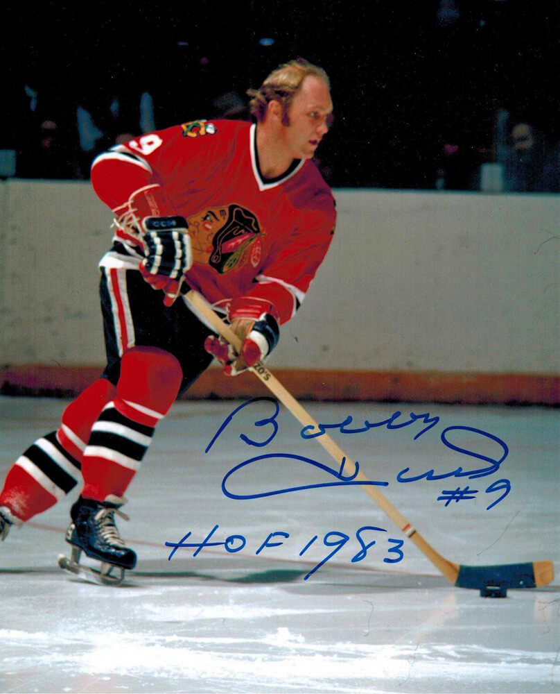 Bobby Hull Signed Chicago Blackhawks Action 8x10 Photo w/HOF 1983